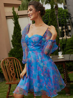 Floral Sweetheart Neck Balloon Sleeve Dress