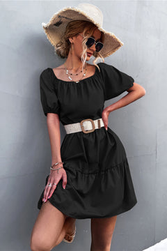 Puff Sleeve Square Neck Tiered Dress