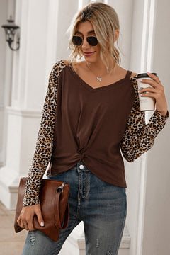 Contrast Leopard Sleeve Twist Front Top