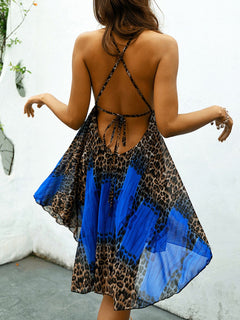 Leopard Contrast Plunge Crisscross High-Low Dress