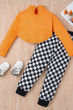 Girls Crop Top and Tank Top and Checkered Pants Three Piece Set