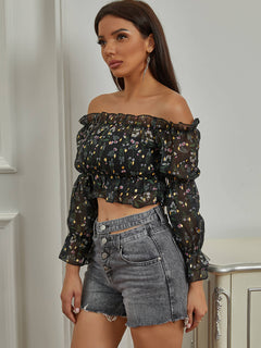 Printed Ruffle Hem Cropped Top