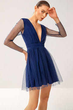 Polka Dot Deep V Mini Tulle Dress