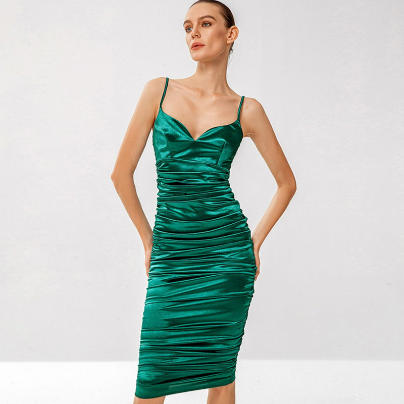 Ruched Adjustable Spaghetti Strap Satin Dress