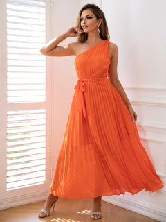 One-Shoulder Pleated Sleeveless Dress