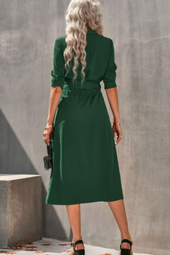 Collared Neck Tie Waist Midi Shirt Dress