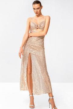 Sequin Spaghetti Strap Split Zip-Back Dress