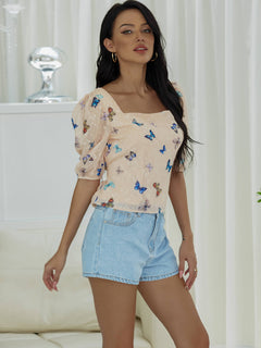 Butterfly Print Square Neck Puff Sleeve Top