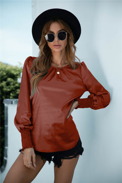 Ruched Round Neck Keyhole Back Blouse