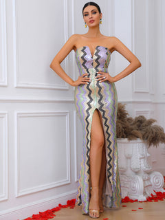 Multicolored Chevron Sequin Slit Strapless Dress