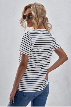 Sequin Pocket V-Neck Striped Tee