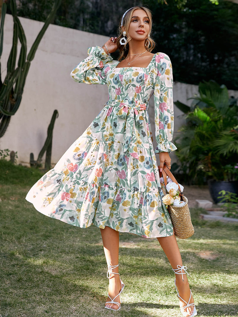 Floral Tie-Waist Smocked Tiered Dress