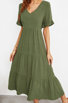 Short Sleeve V-Neck Tiered  Dress