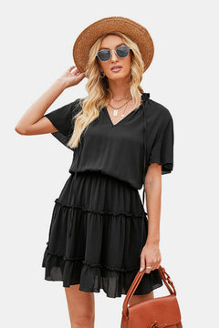 Tie Neck Ruffle Hem Tiered Dress