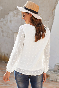 Swiss Dot Balloon Sleeve Crewneck Blouse