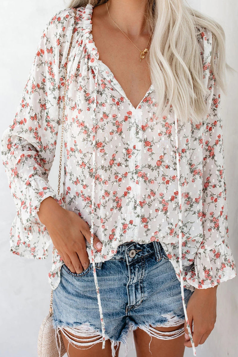 Floral Drawstring Bell Sleeve Top