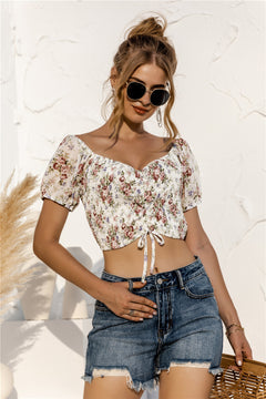 Floral Off Shoulder Drawstrings Crop Top