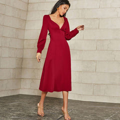 Plunge Bishop Sleeve Midi Dress