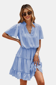 Tie Neck Ruffle Hem Tiered Dress