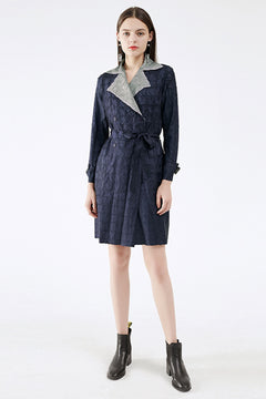 Two-Tone Textured Double-Breasted Tie Waist Blazer Dress