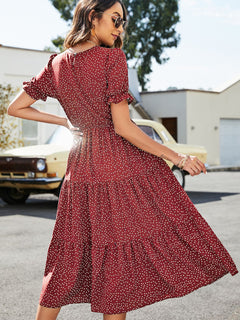 Polka Dot Short Flounce Sleeve Tiered Midi Dress