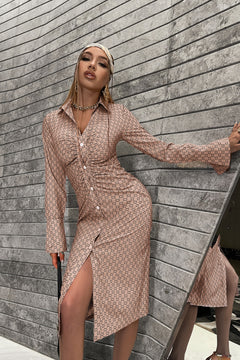 Printed Button Down Slit Cuff Shirt Dress