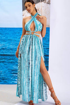 Printed Cutout Halter Neck Tie Back Split Dress