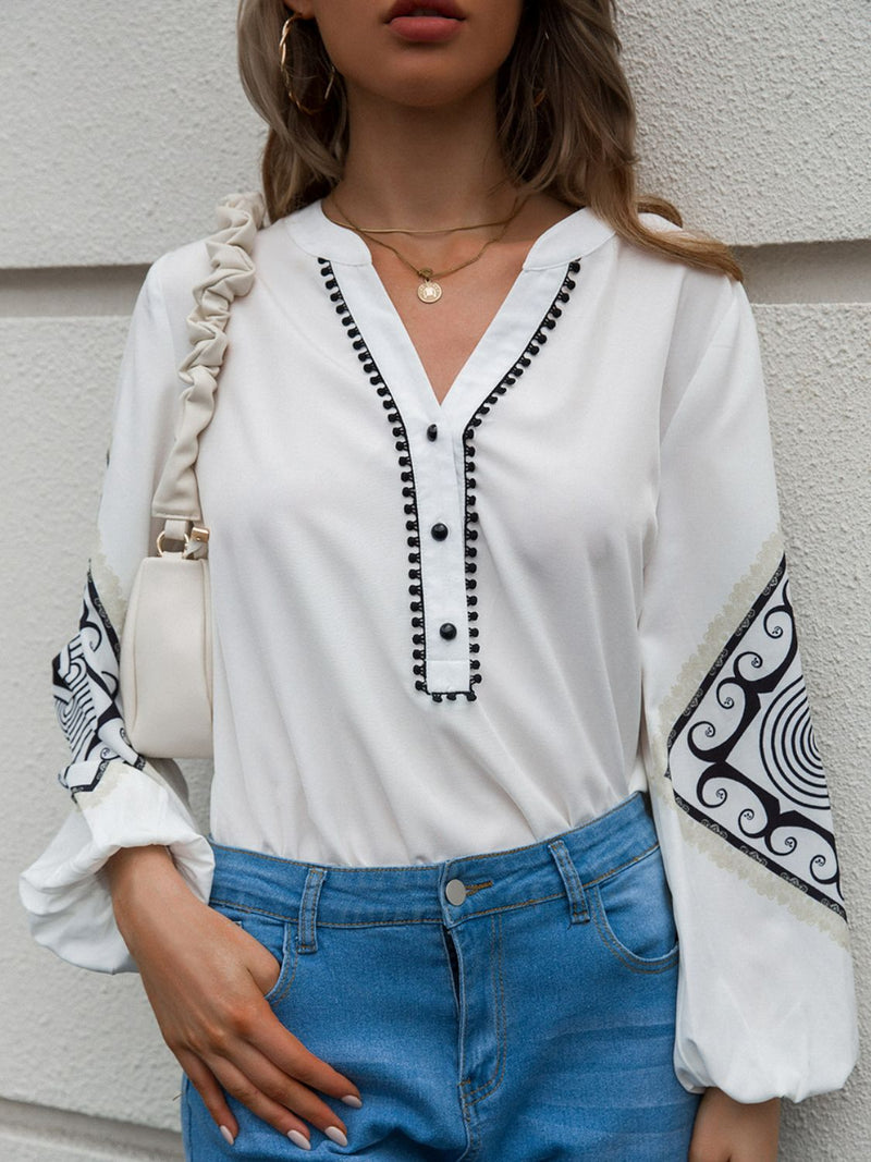 Contrast Half Button Balloon Sleeve Blouse