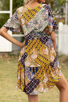 Multicolor Pring Tie V-Neck Smock Dress