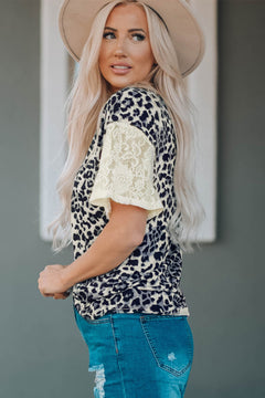 Leopard Print Lace Sleeve Round Neck Tee