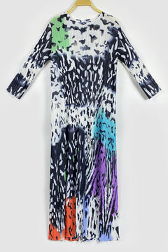 Printed Accordion Pleated Three-Quarter Sleeve Dress