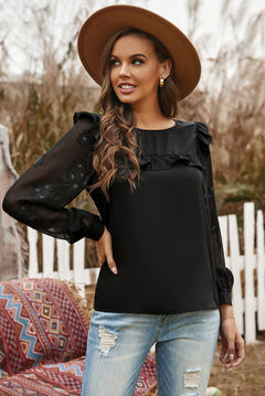 Ruffle Trim Appliques Mesh Sleeve Top