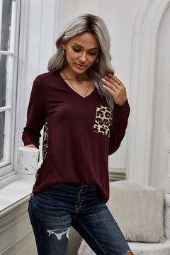 Contrast Leopard V-Neck Pocket Blouse