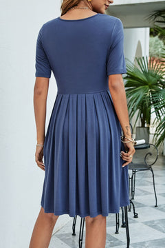 V-Neck Pleated Knee-Length Dress