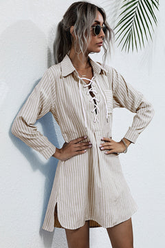 Lace Up Collar Shirt Dress