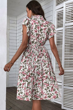 Floral Tie-Neck Flutter Sleeve Midi Dress