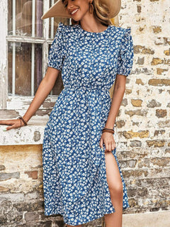 Floral Round Neck Split Midi Dress