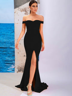 Off-Shoulder Split Fishtail Dress with Train