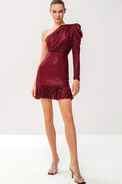 Sequin One-Shoulder Fringe Hem Dress