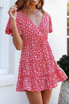 Floral V-Neck Layered Ruffled Dress