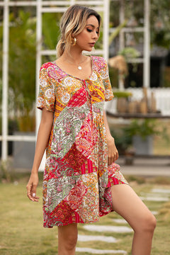 Multicolor Pring Tie V-Neck Smock Dress