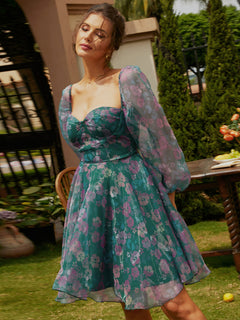 Floral Sweetheart Neck Balloon Sleeve Dress