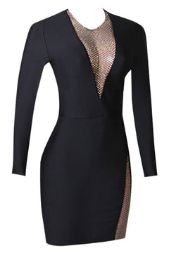 Rhinestone Spliced Mesh Long Sleeve Bodycon Dress