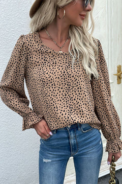 Leopard Flared Sleeve Round Neck Blouse