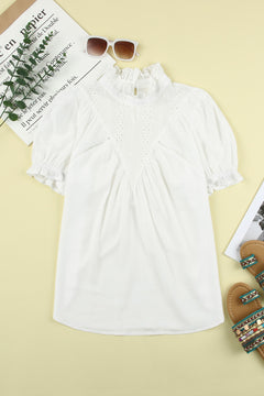 Eyelet Ruffle Collar Flounce Sleeve Top