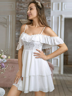 Ruffled Fold-Over Cold-Shoulder Layered Dress