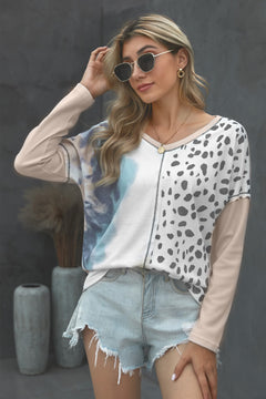 Tie Dye Leopard Contrast Waffle Knit Top