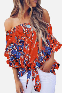 Off Shoulder Floral Tie Front Chiffon Blouse