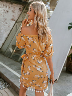 Floral Tassel Detail Tulip Hem Off-Shoulder Dress