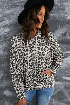 Leopard Print Drawstring Hoodie with Kangaroo Pocket